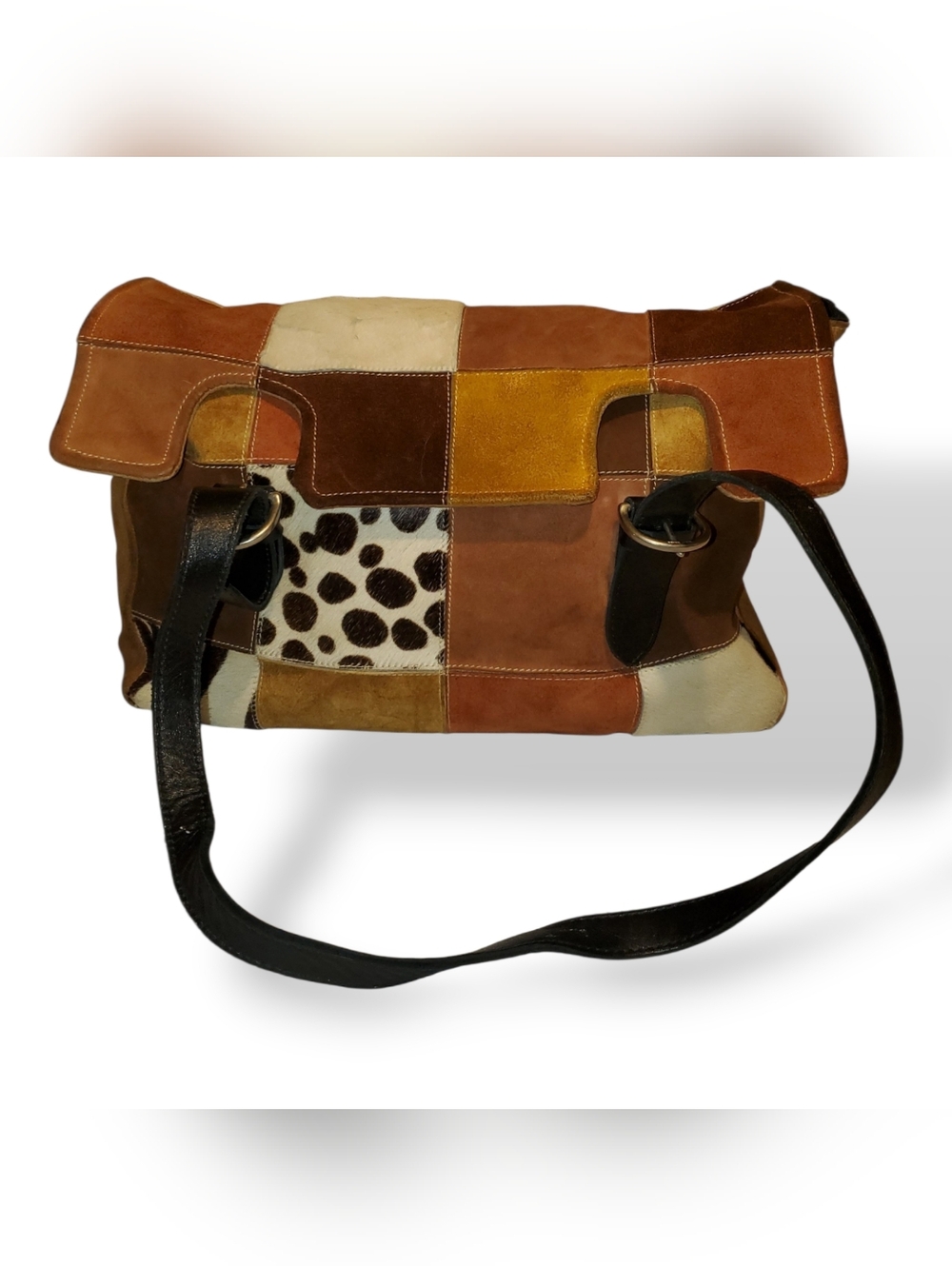 Patchwork Leather and Suede Shoulder Bag in Multi Brown